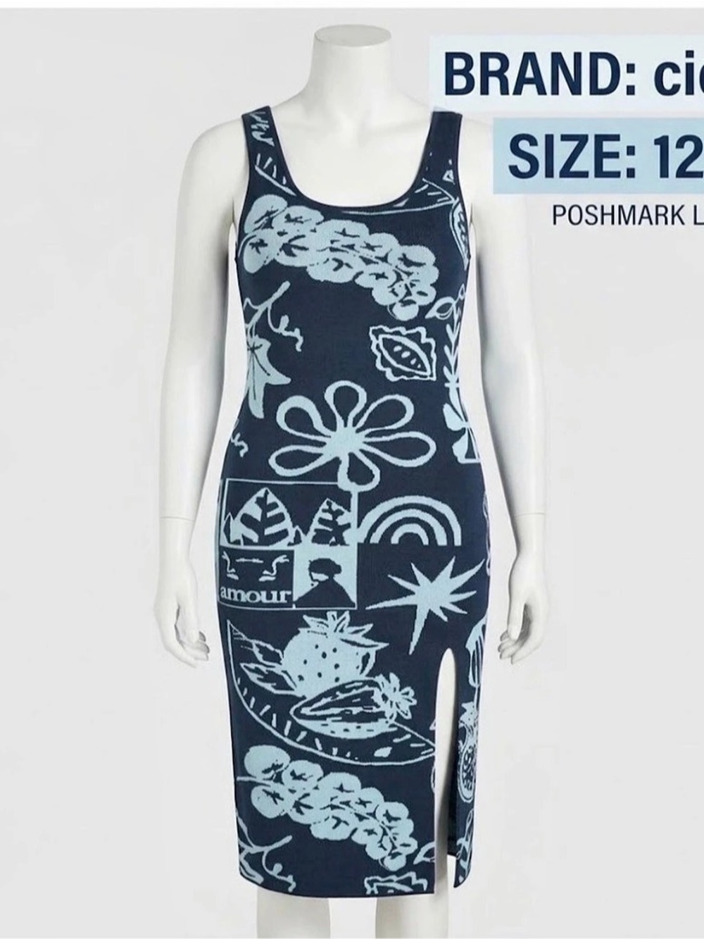 Cider Cartoon Floral Knitted Midi Dress Blue & White Size 12/14